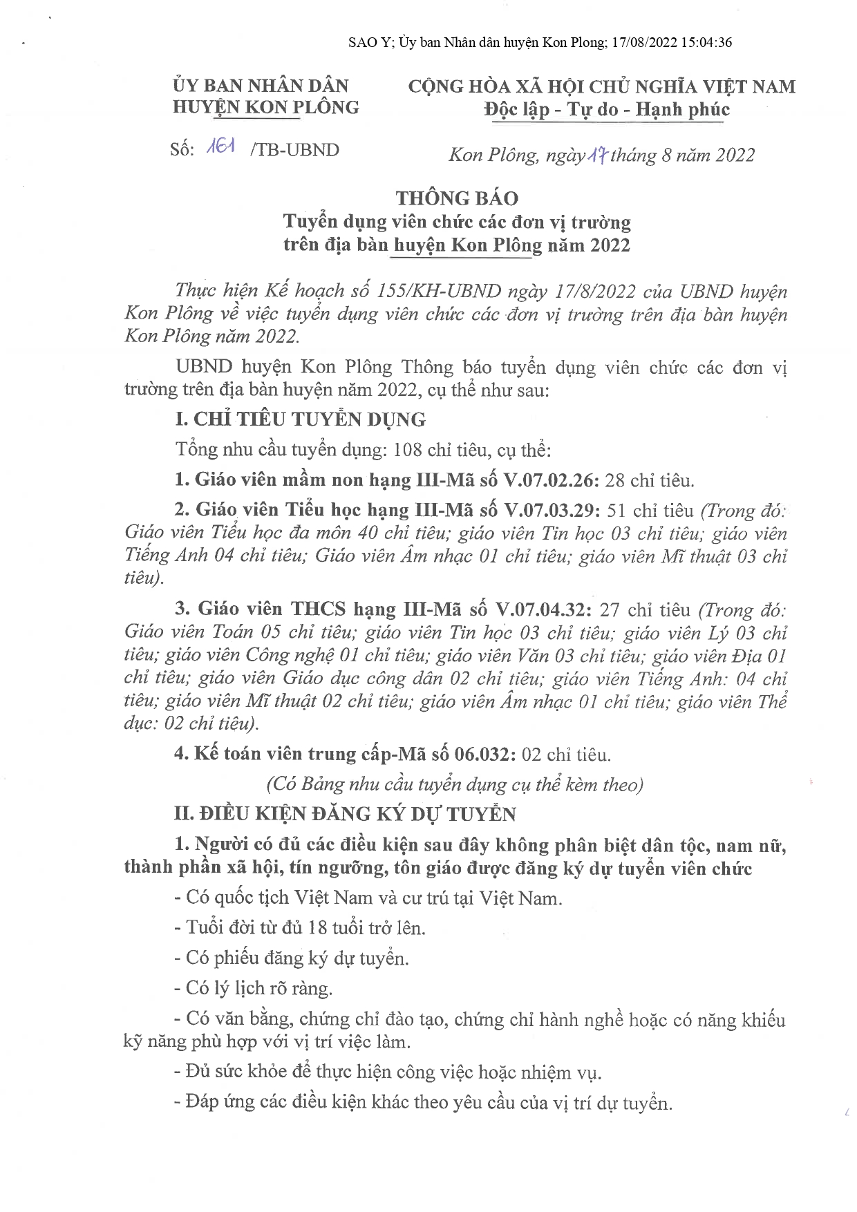 161/TB-UBND, ngày17/8/2022 của Ủy ban nhân dân huyện về việc thông báo tuyển dụng viên chức năm 2022