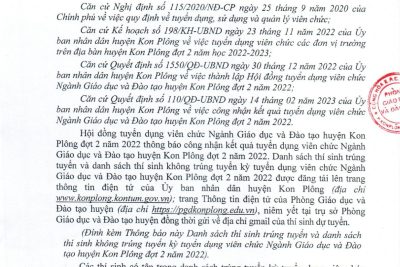 Thông báo số 19/TB-UBND, ngày 23/02/2023 về việc Công nhận kết quả tuyển dụng viên chức ngành GDĐT huyện Kon Plông đợt 2 năm 2022